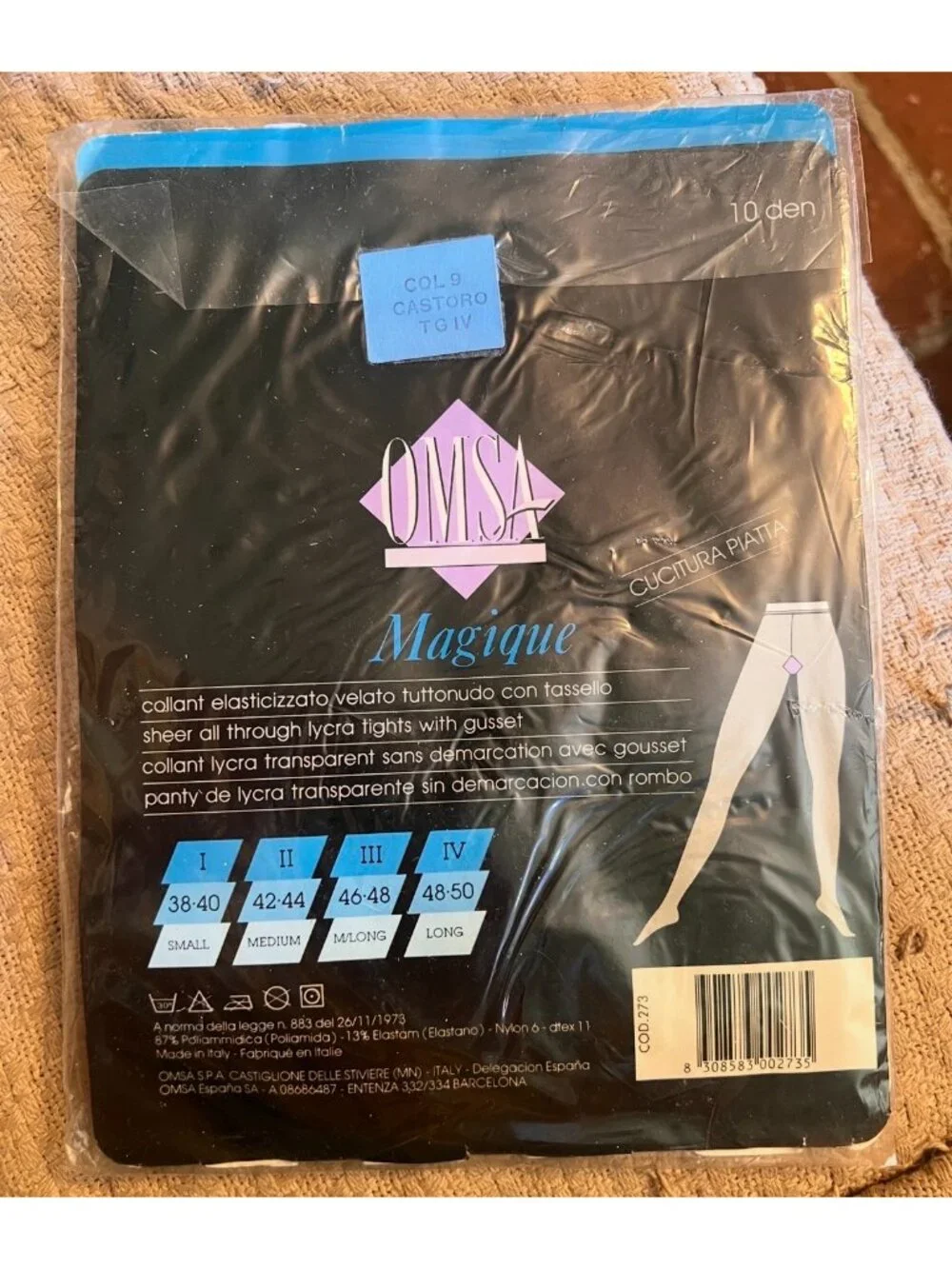 Omsa Magique Sheer Lycra Tights Gusset 10 Den Col. 9 Castoro Tg IV Long